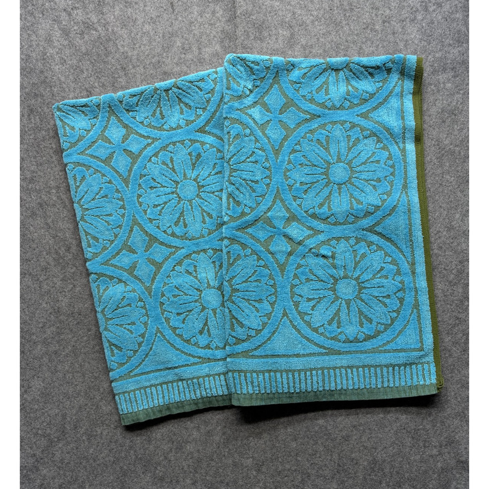 Vintage Burlington House Bath Towels Set Of 2 Blue Floral Terrycloth Retro